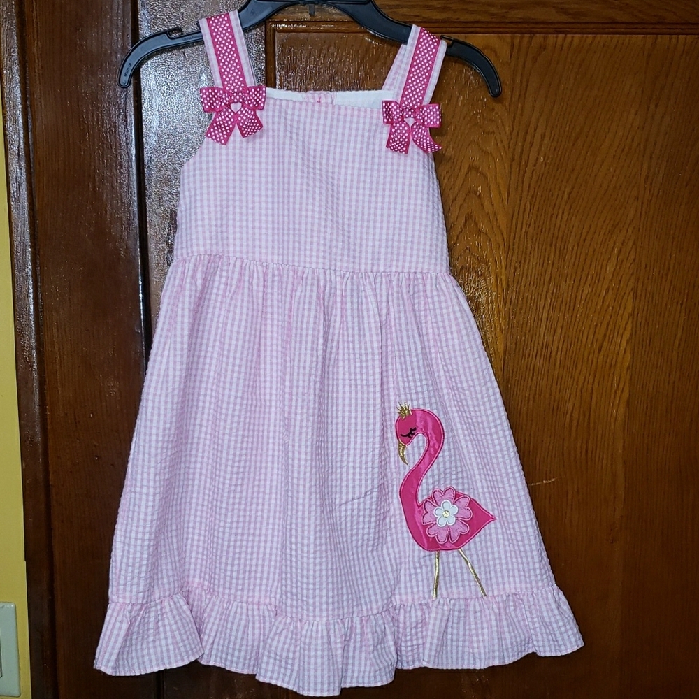 Pink Gingham Dress with Flamingo Design